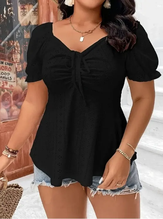 Plus Size Hollow Drawstring Short Sleeve Top