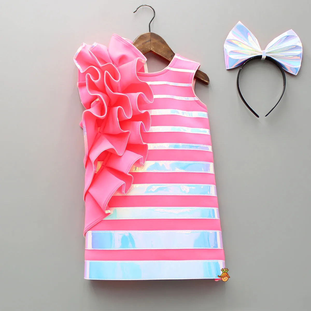 Pre Order: Pink Holographic Ruffle Dress With Bow Hair Band