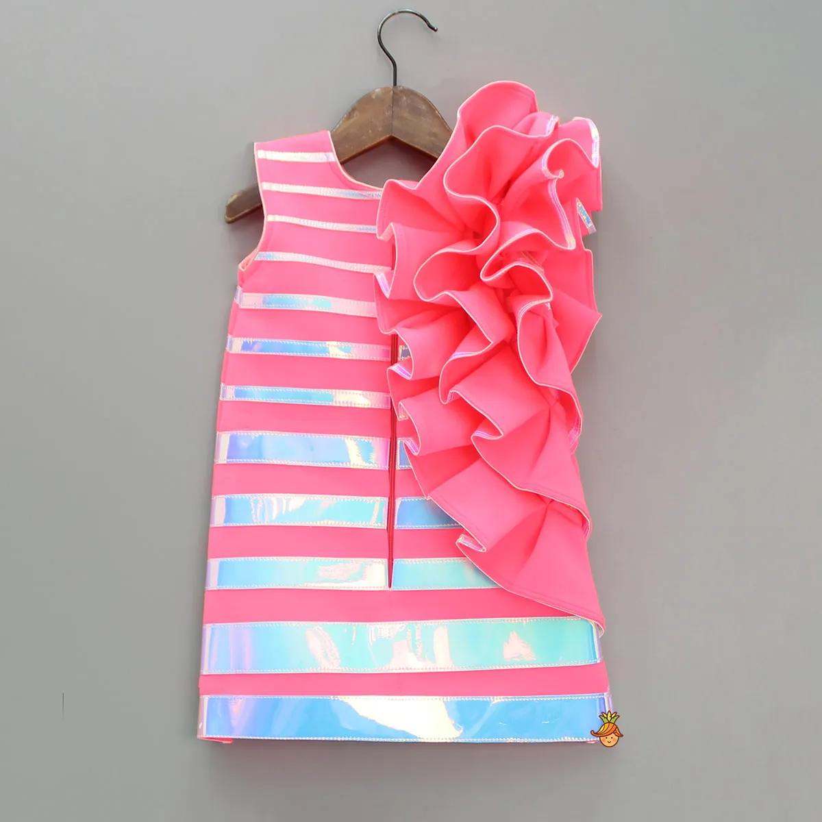 Pre Order: Pink Holographic Ruffle Dress With Bow Hair Band