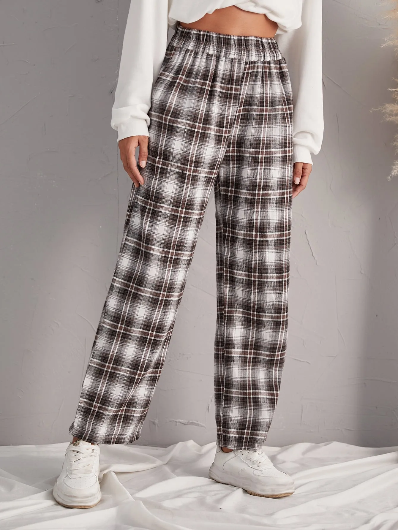 Preppy Tartan Pocket High Waist Long Women Pants