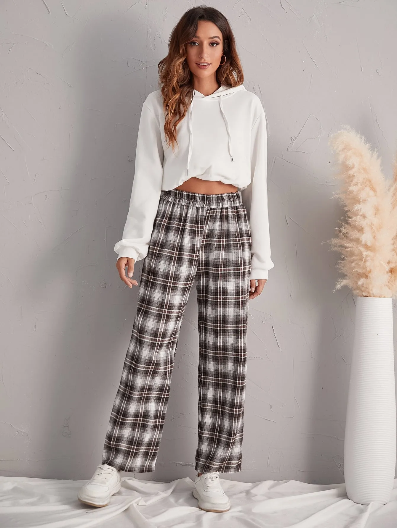 Preppy Tartan Pocket High Waist Long Women Pants