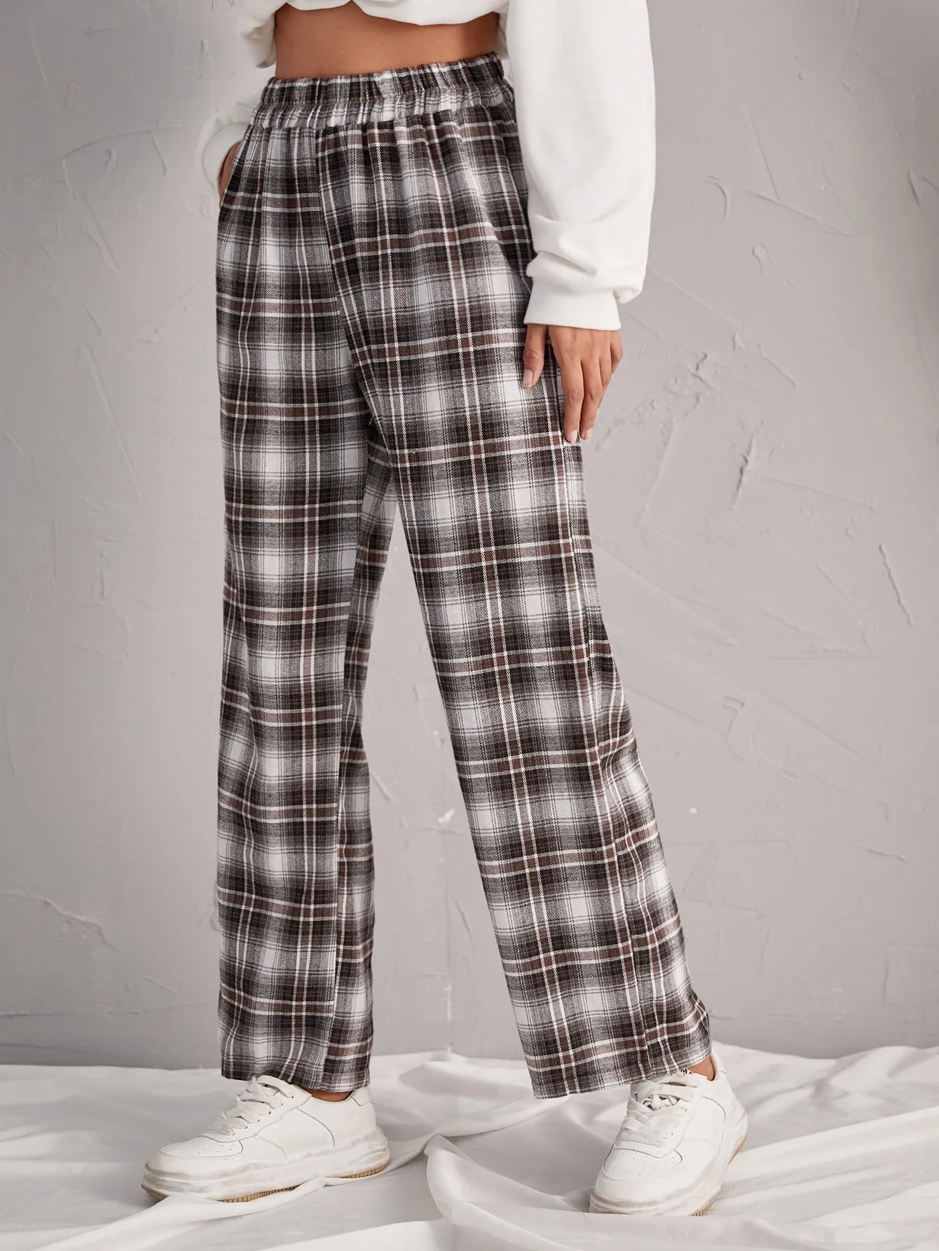 Preppy Tartan Pocket High Waist Long Women Pants