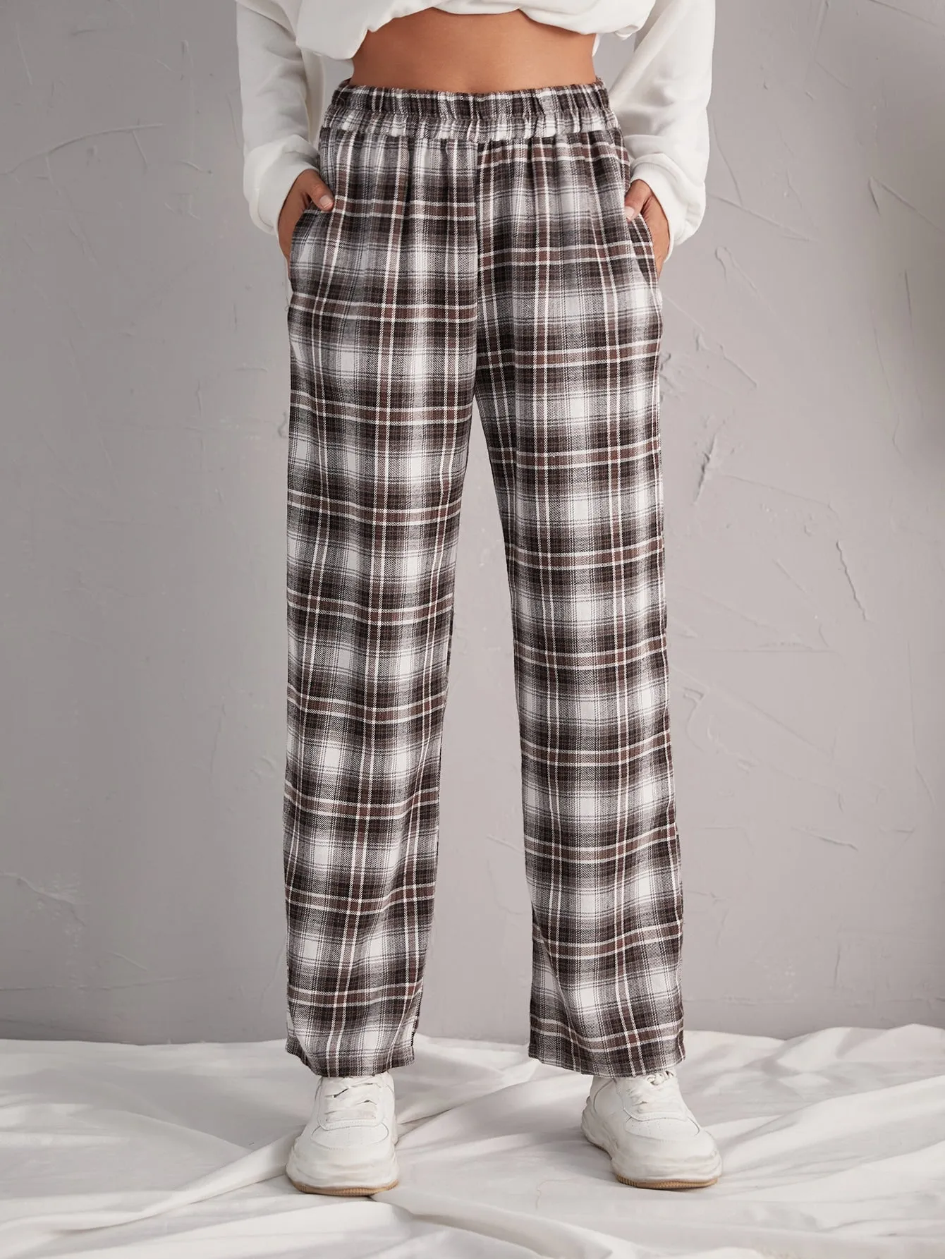 Preppy Tartan Pocket High Waist Long Women Pants