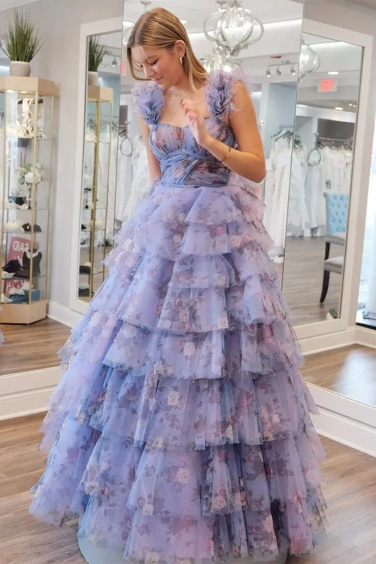 Print Flutter Sleeve Ruffle Tiered Long Prom Dress     fg4607