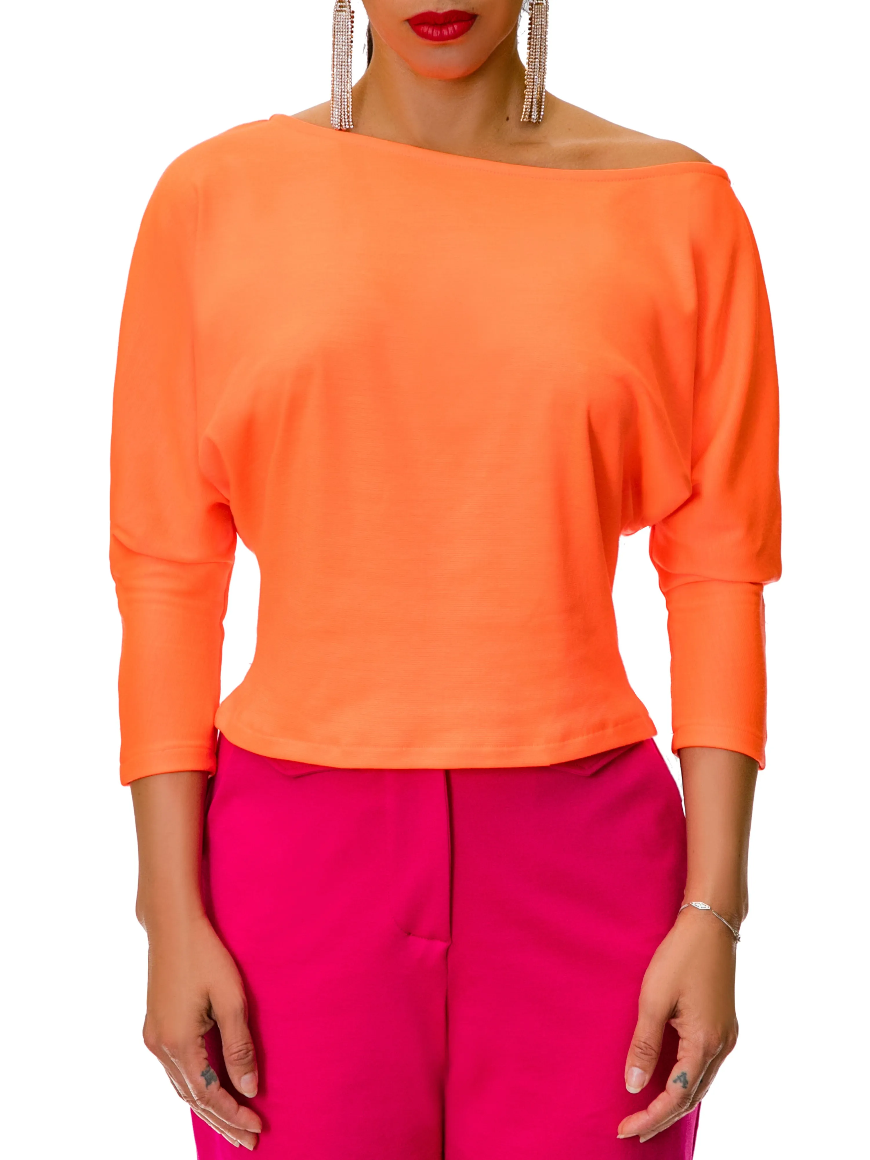 "Lea" Neon Salmon Off Shoulder Top