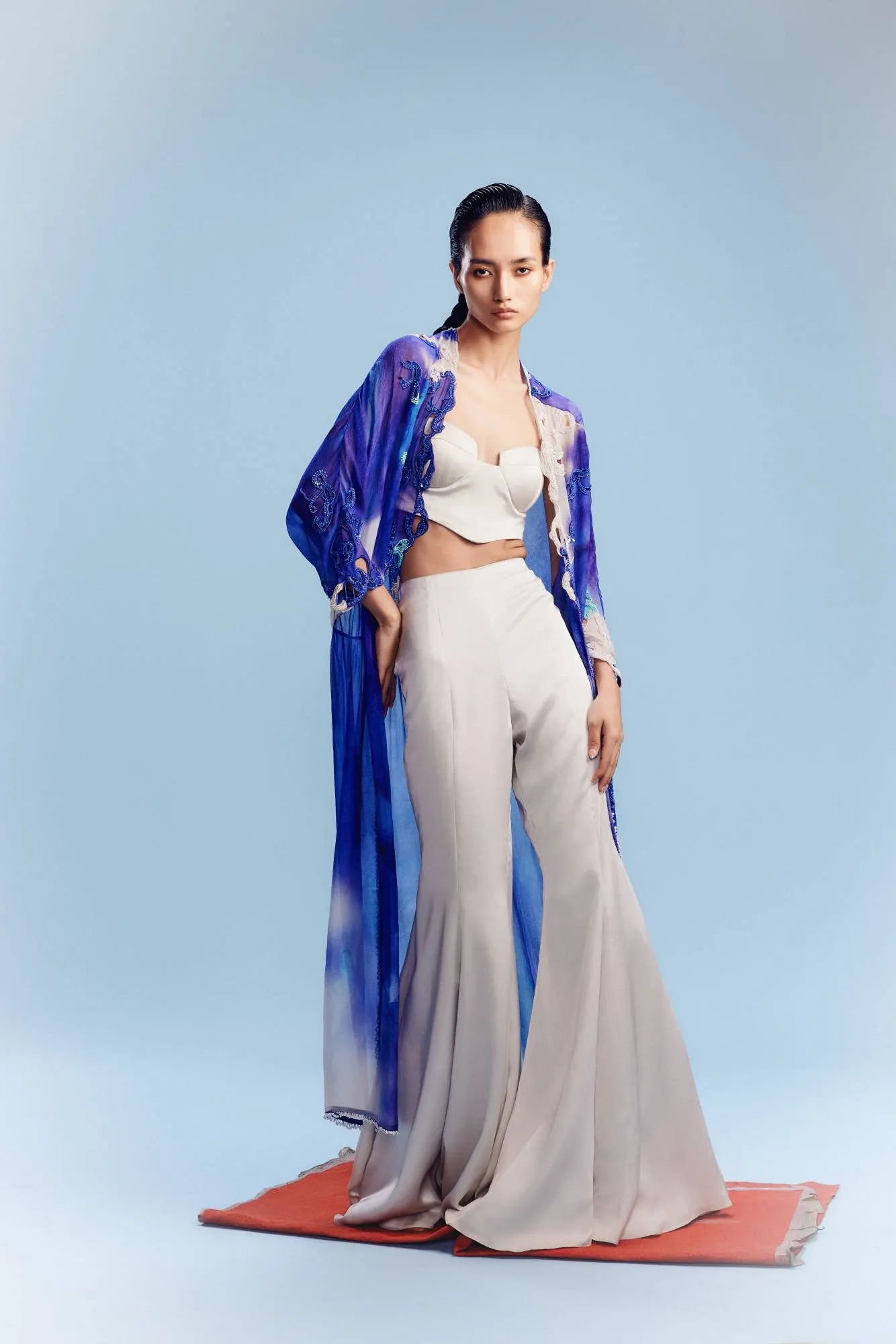 "Tara" Chiffon Watercolored Cape with Satin Pants-Corset