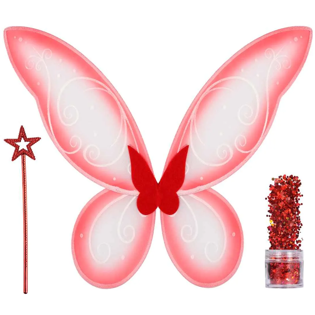 Red Fairy Costume Accessories Set - Fairy Wings, Fairy Wand with Fairy Glitter - FUNCREDIBLE