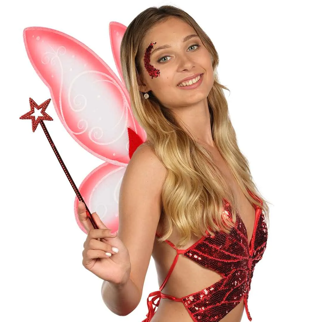 Red Fairy Costume Accessories Set - Fairy Wings, Fairy Wand with Fairy Glitter - FUNCREDIBLE