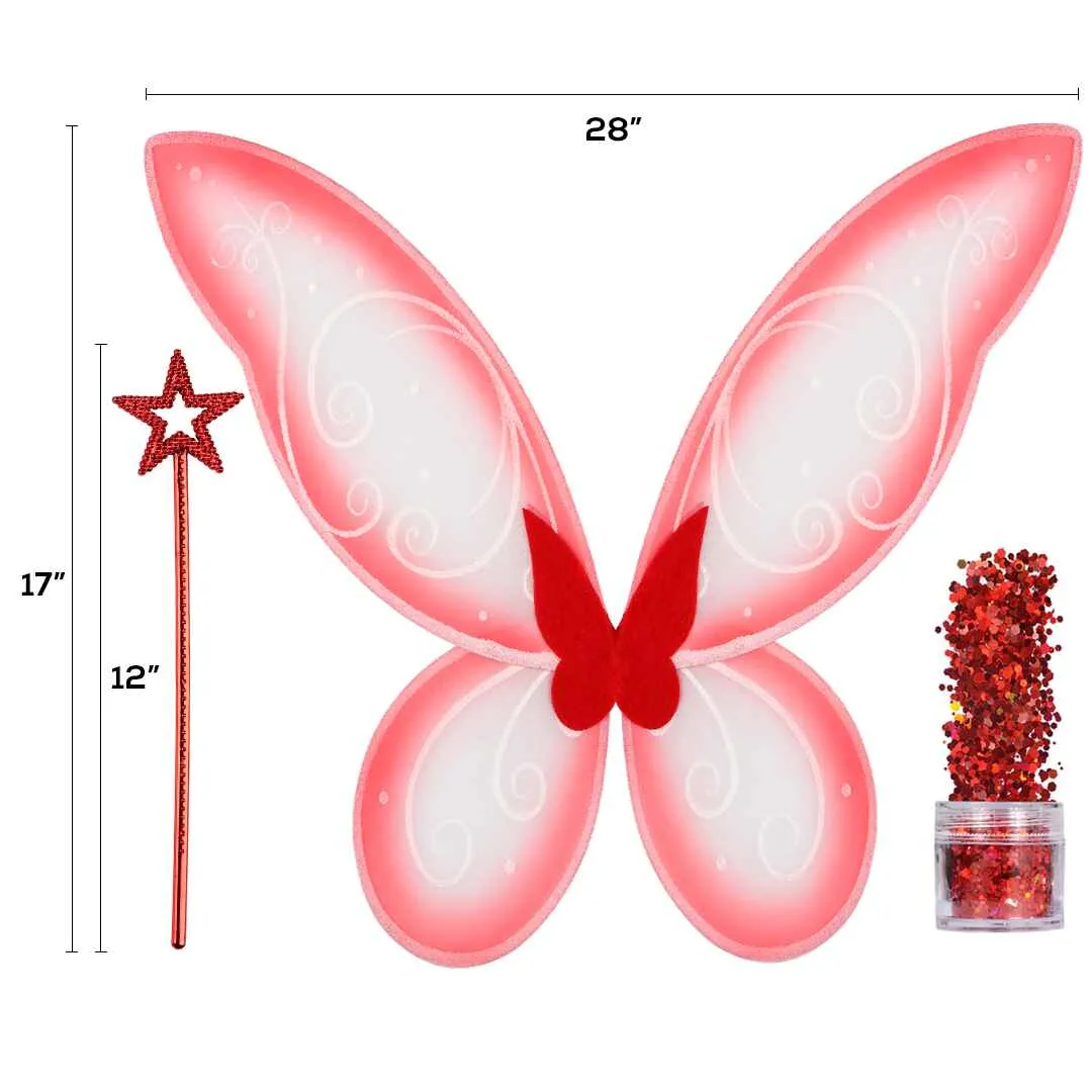 Red Fairy Costume Accessories Set - Fairy Wings, Fairy Wand with Fairy Glitter - FUNCREDIBLE