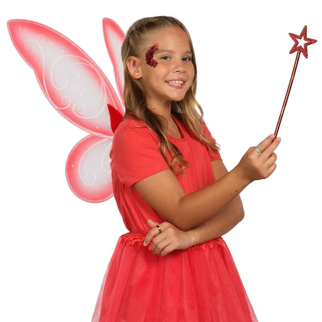 Red Fairy Costume Accessories Set - Fairy Wings, Fairy Wand with Fairy Glitter - FUNCREDIBLE