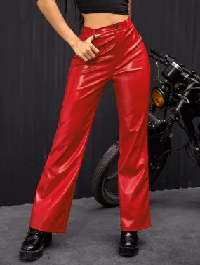 Red High Waist Zipper Fly Straight PU Leather Pants