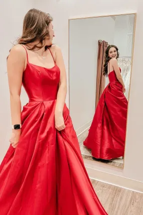 Red Satin Spaghetti Straps A-Line Prom Dress