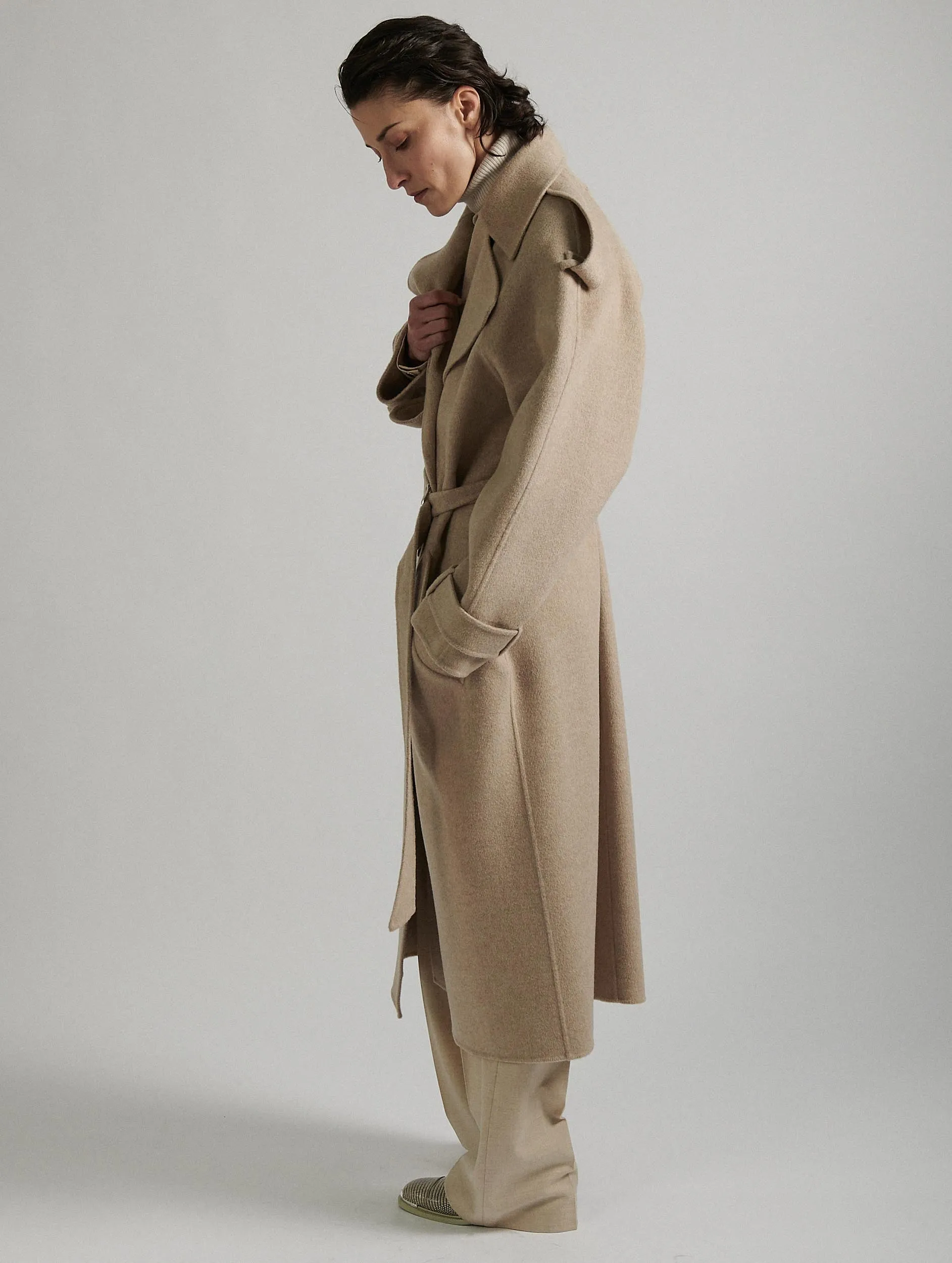 Sand double-faced wool belted coat