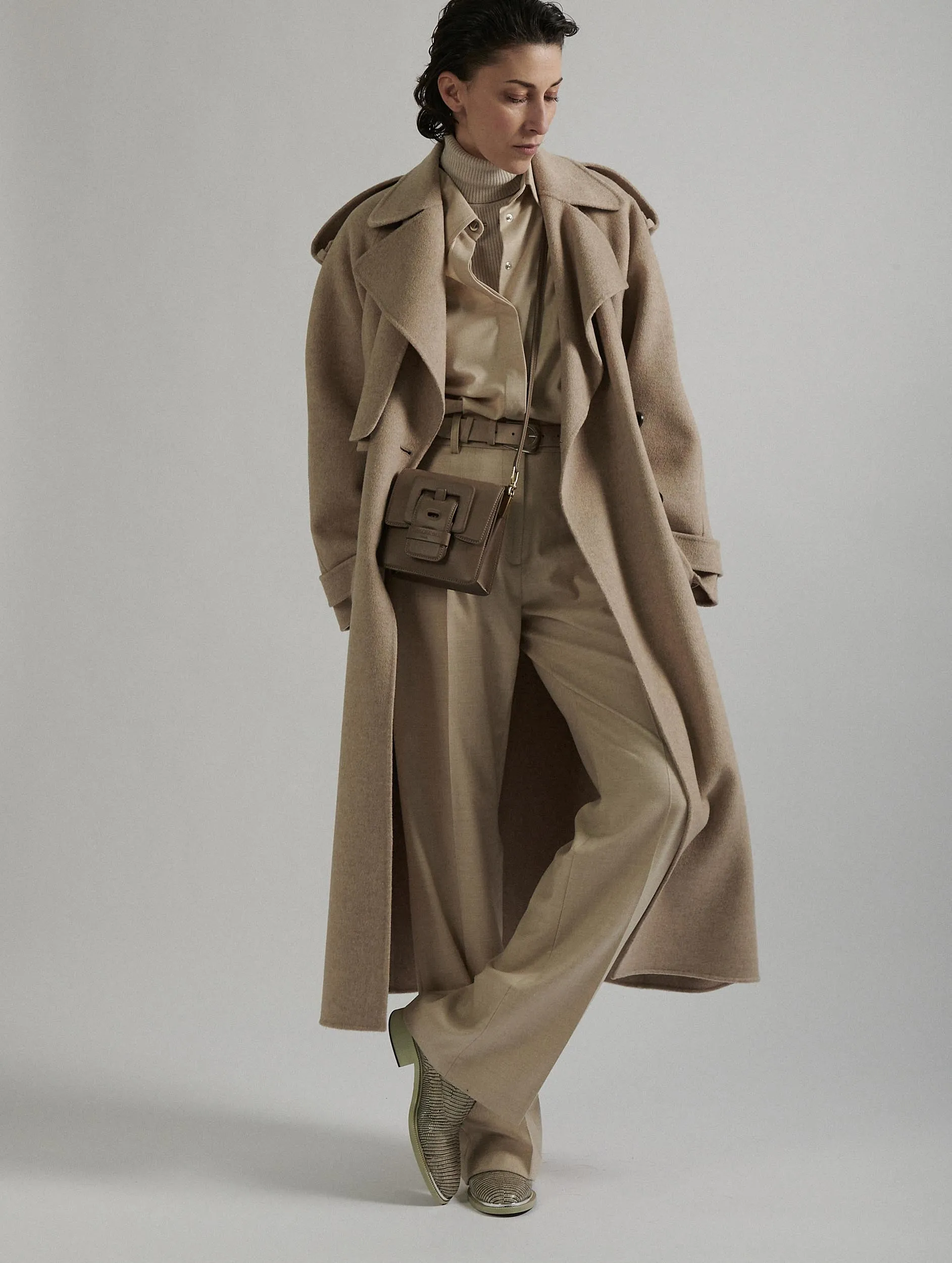 Sand double-faced wool belted coat