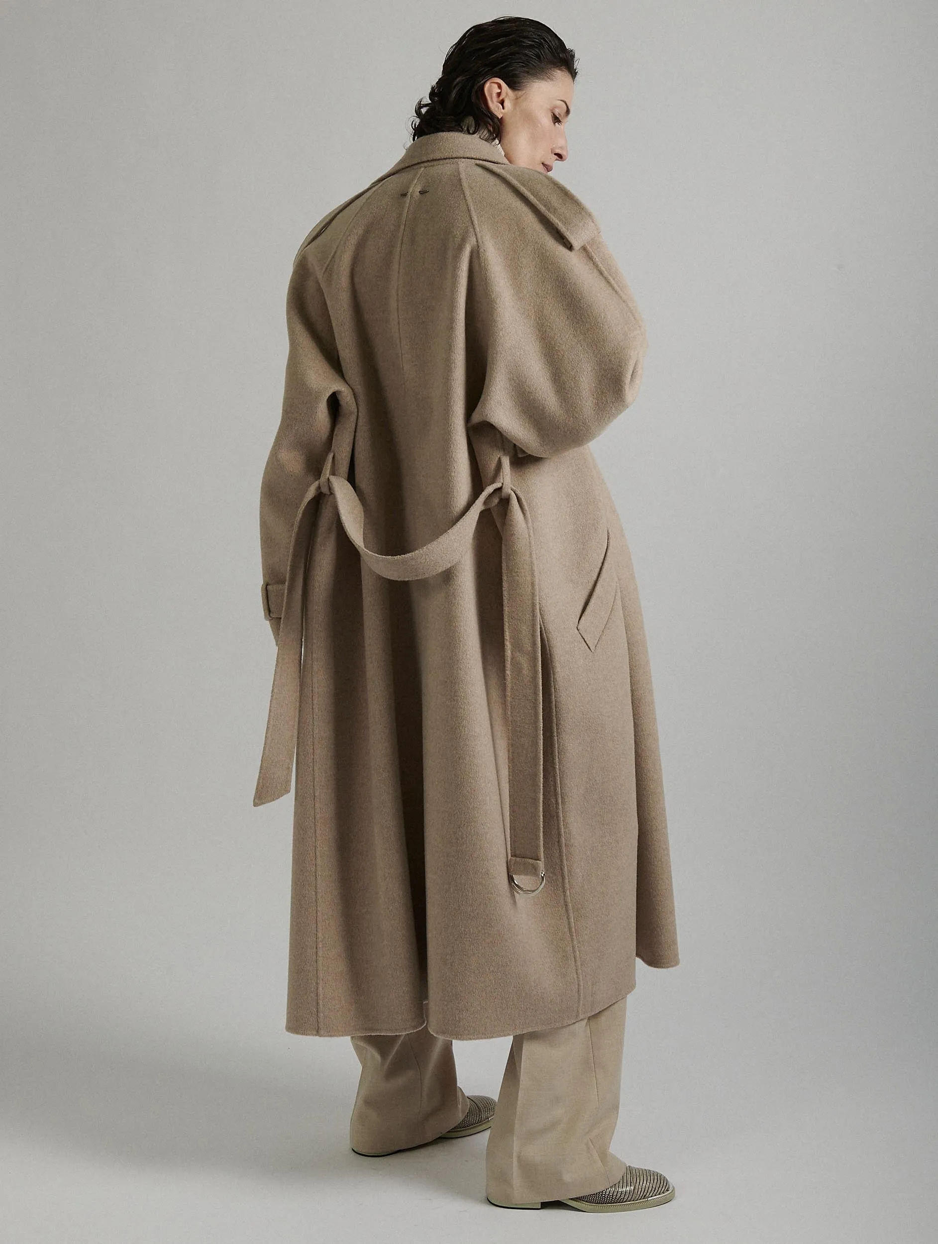 Sand double-faced wool belted coat