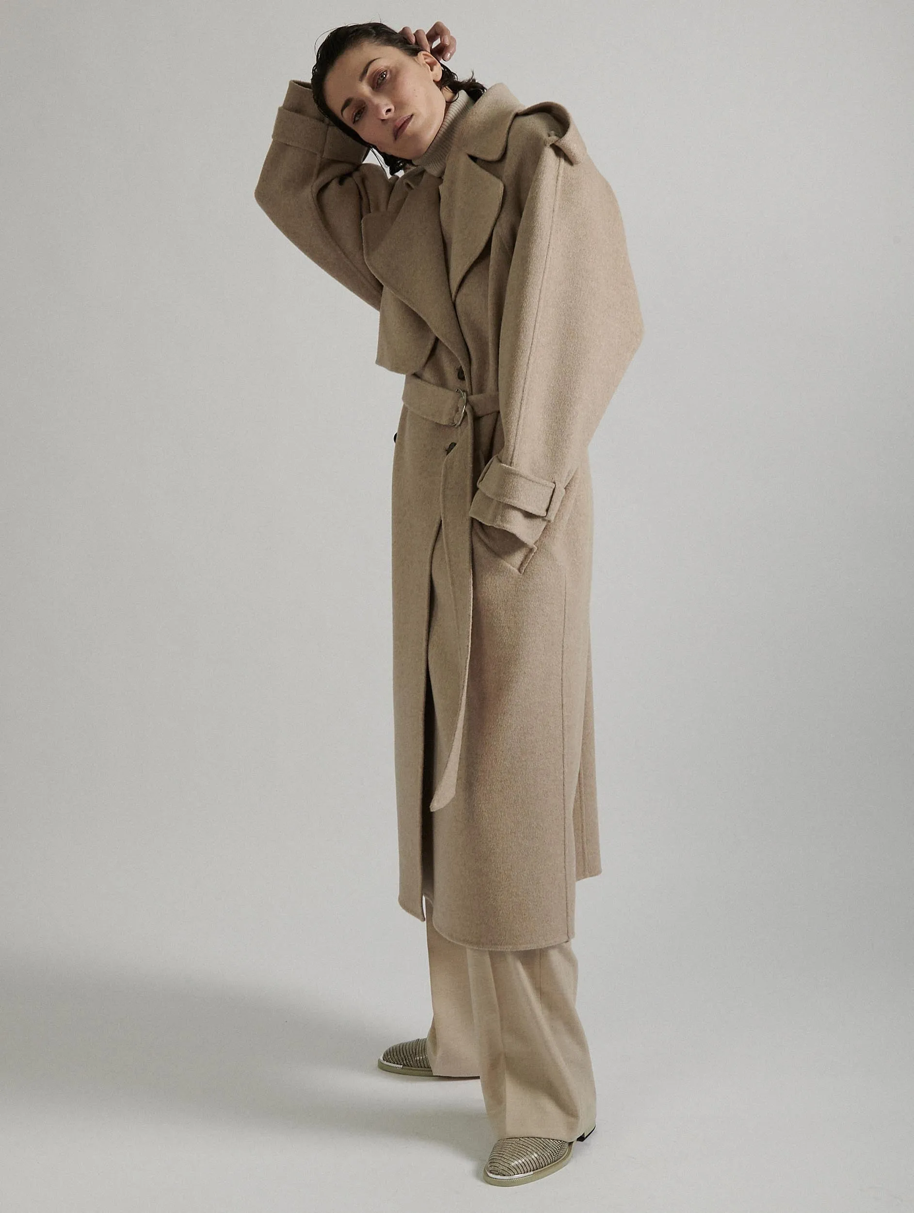 Sand double-faced wool belted coat