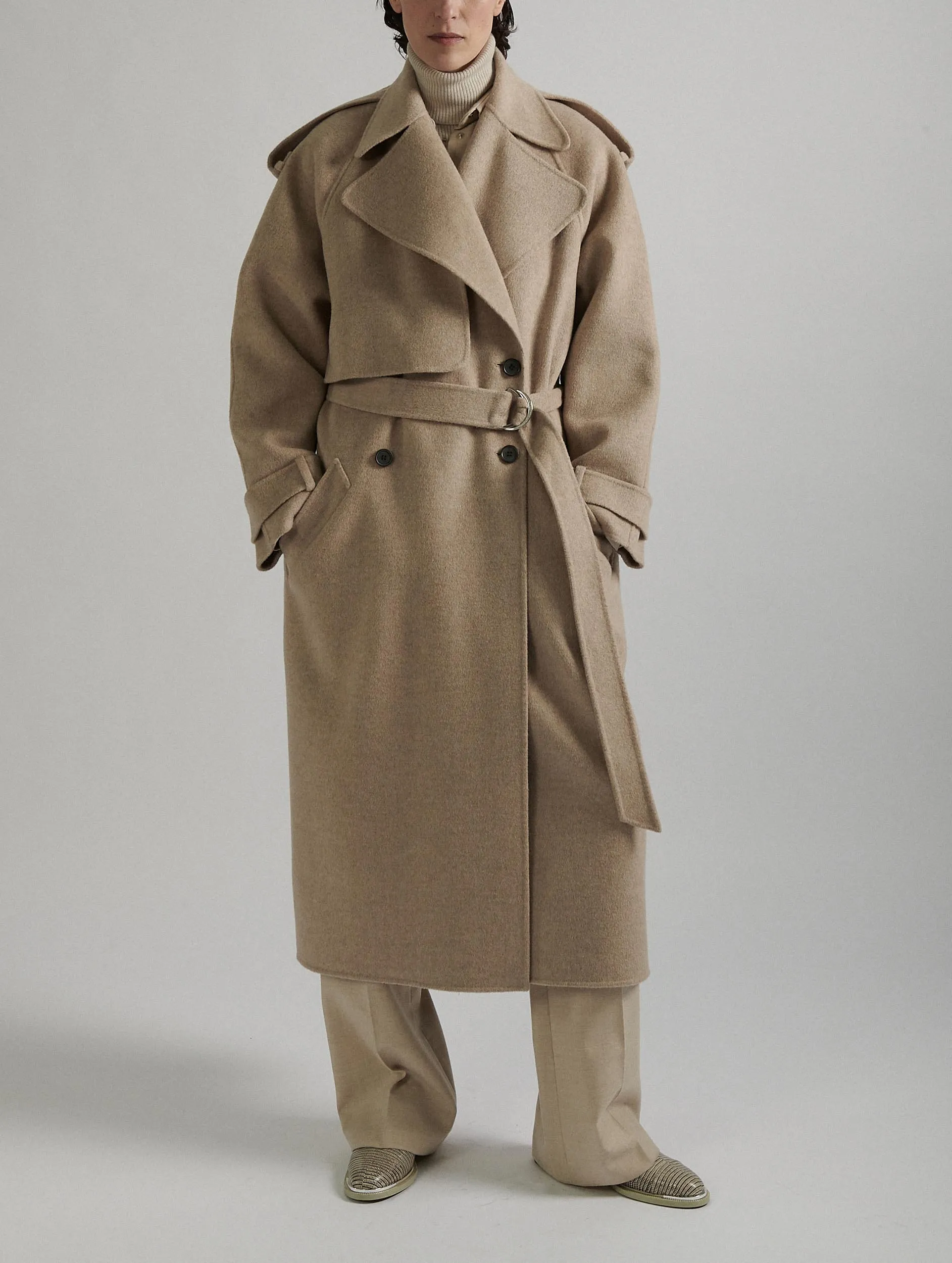 Sand double-faced wool belted coat