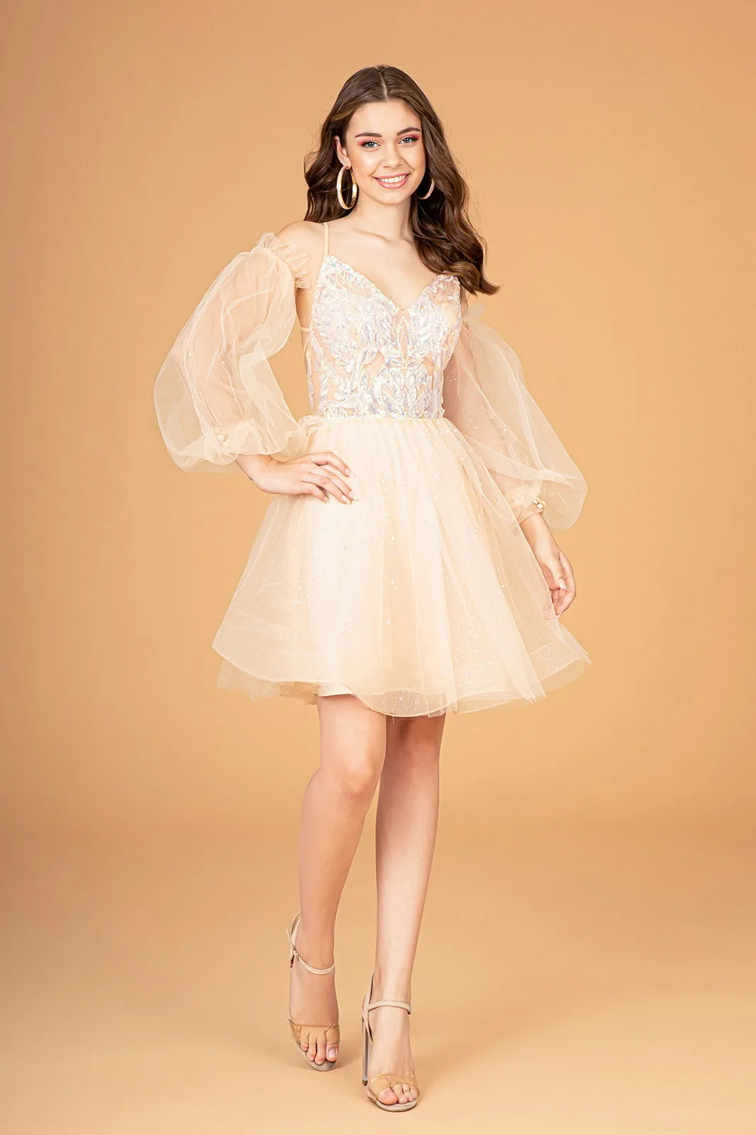 Sheer Bodice Glitter Short Dress w/ Detachable Mesh Long Sleeves