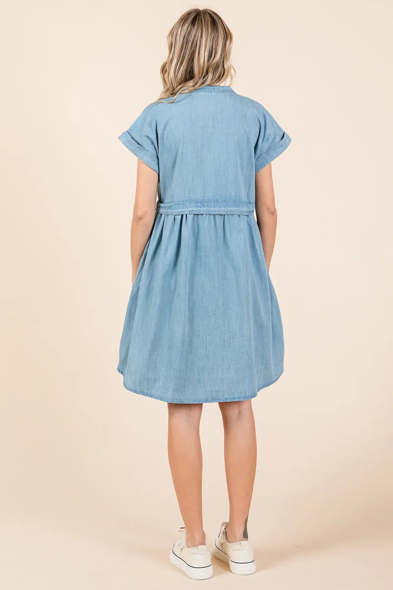 Short Sleeve Popover Waist Cotton Mini Denim Dress