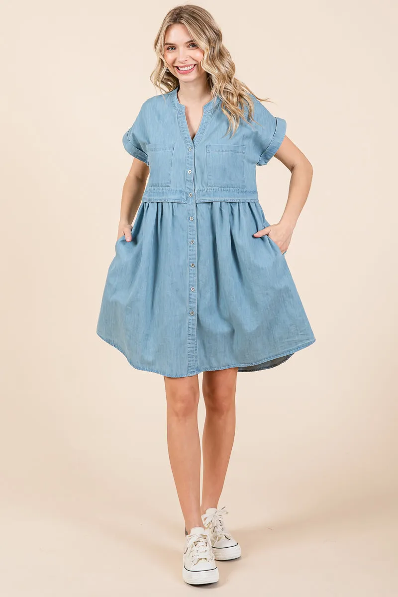 Short Sleeve Popover Waist Cotton Mini Denim Dress