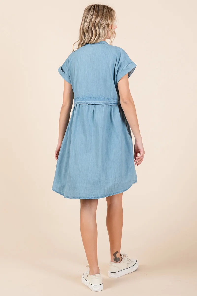 Short Sleeve Popover Waist Cotton Mini Denim Dress