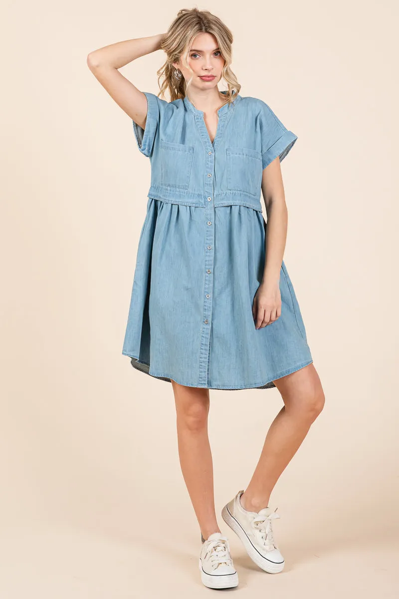 Short Sleeve Popover Waist Cotton Mini Denim Dress