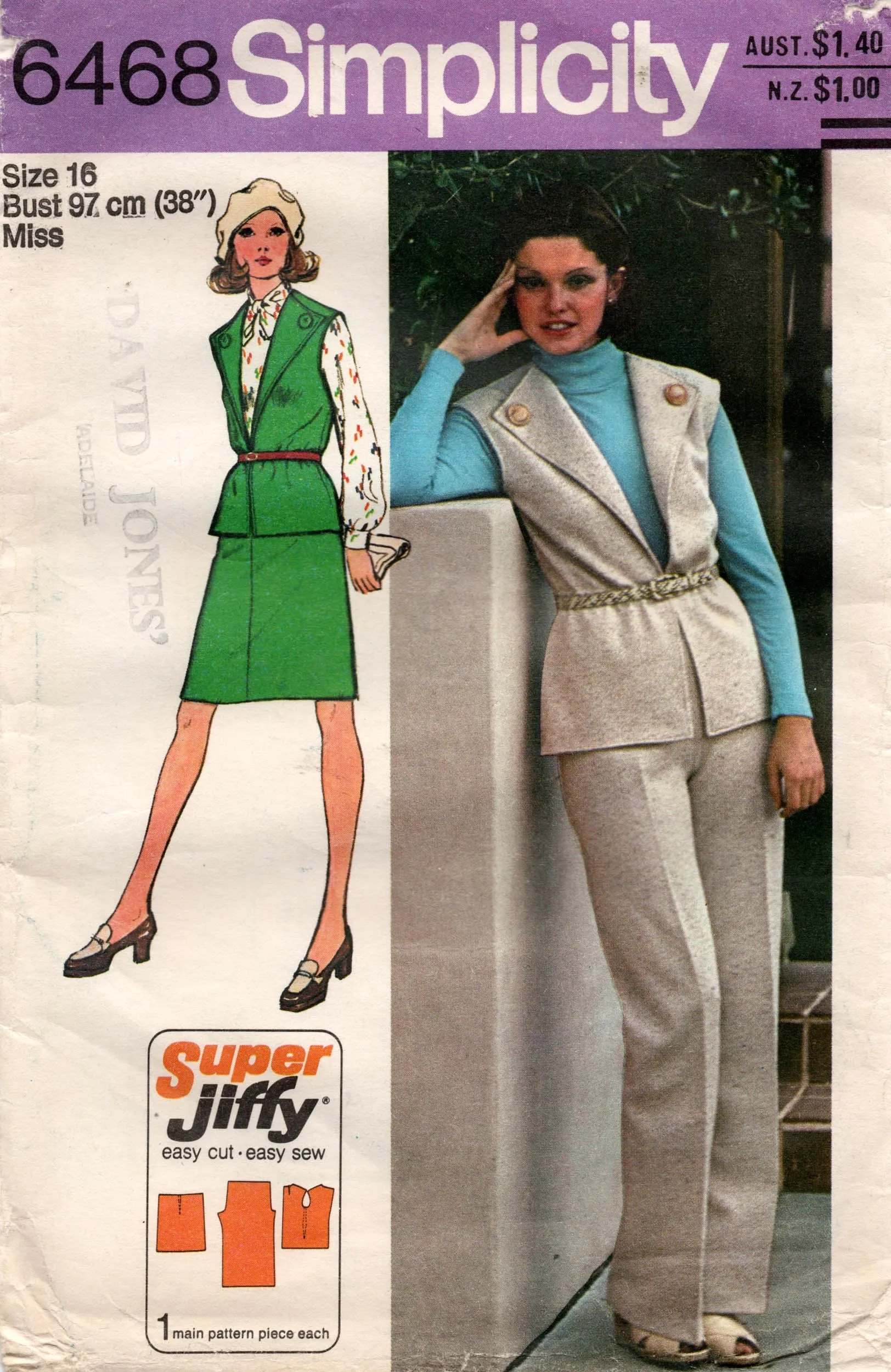 Simplicity 6468 SUPER JIFFY Womens Longline Vest Skirt & Pants 1970s Vintage Sewing Pattern Size 16 Bust 38 inches