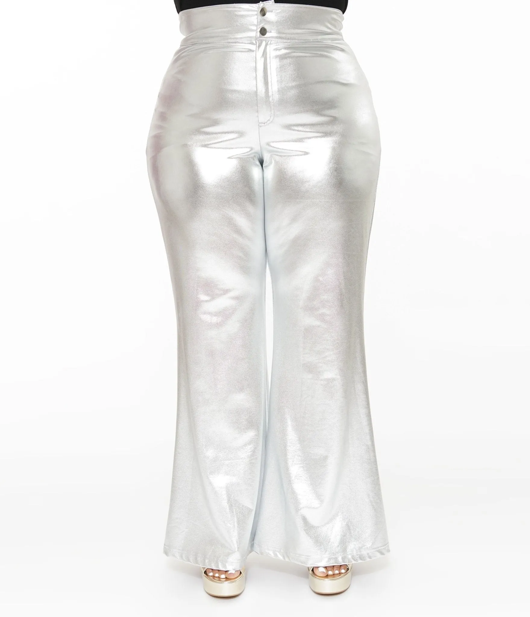 Smak Parlour Plus Size 1960s Metallic Silver High Waist Flare Pants