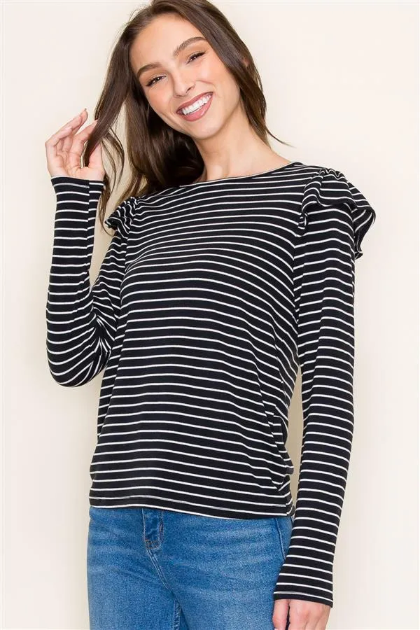 Soft Black Striped Ruffle Top