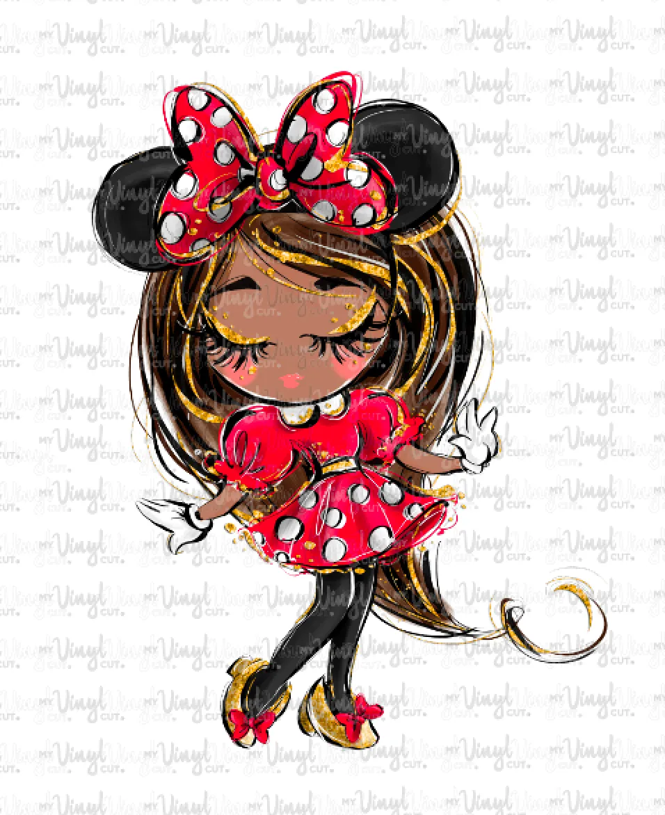 Sticker F10 Girl with Mouse Ears Red Dress White Polka Dots Eyes Closed