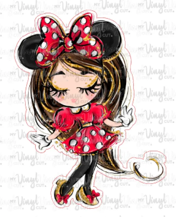 Sticker F10 Girl with Mouse Ears Red Dress White Polka Dots Eyes Closed