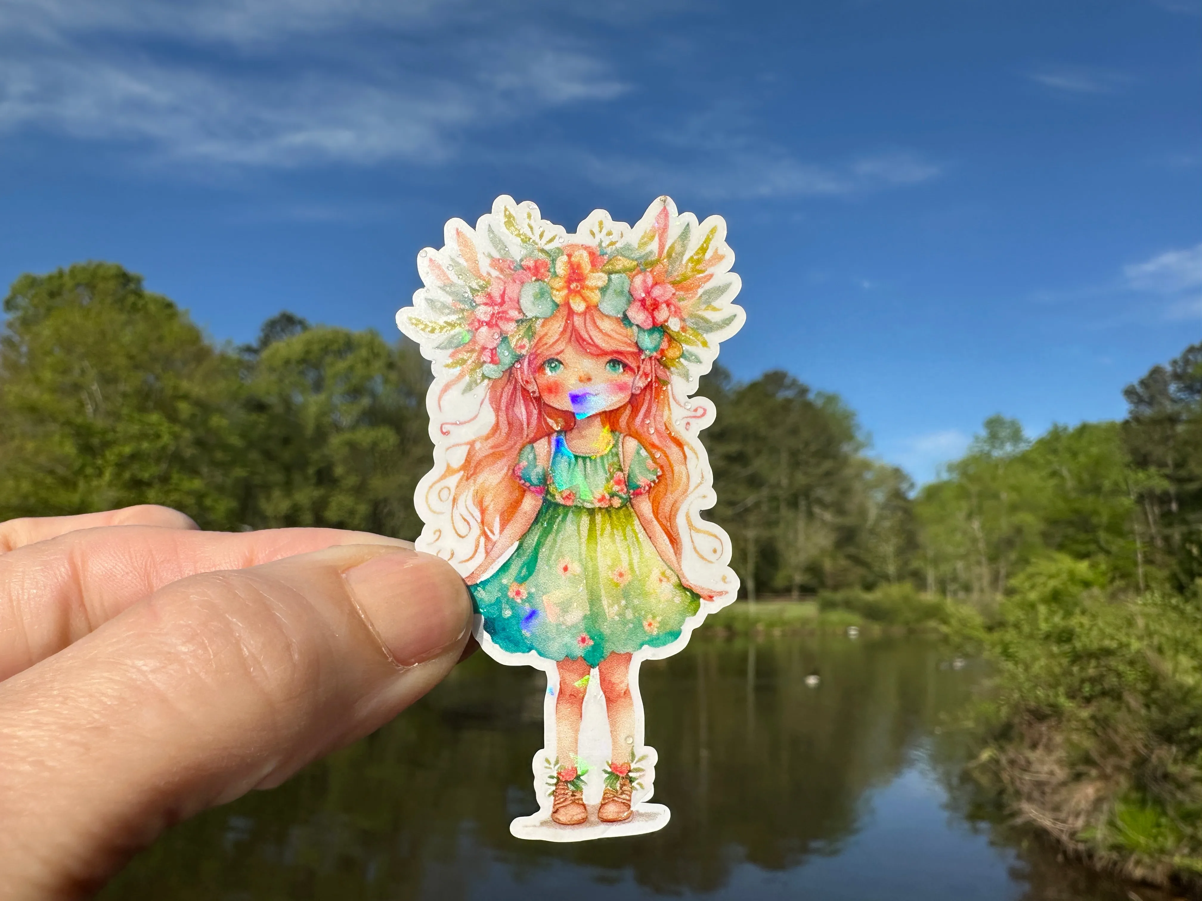 Sticker | Red Hair Fairy in Green Dress | Waterproof Vinyl Sticker | Permanent