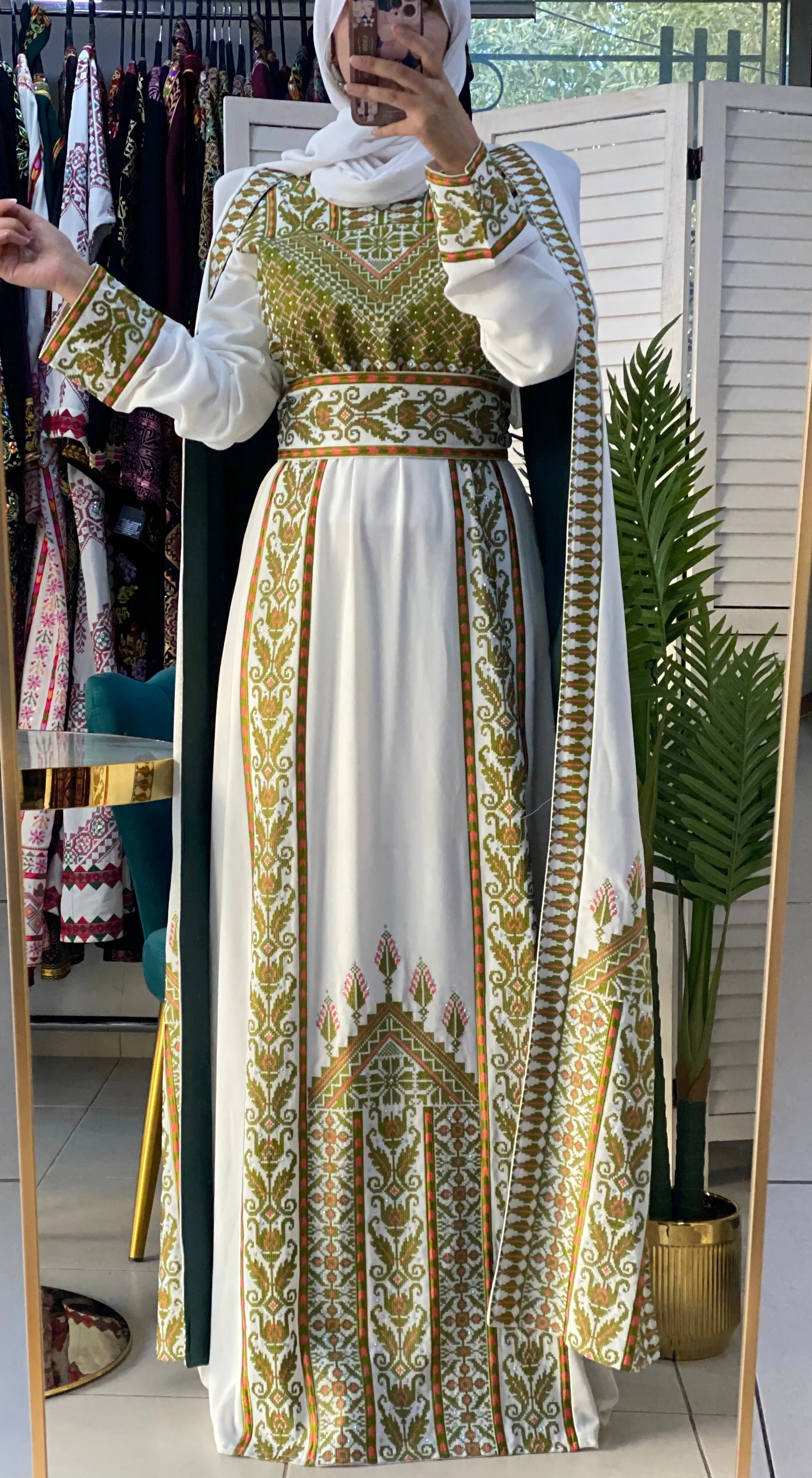 Stunning White And Light Green Royal Sleeve Palestinian Embroidered Dress