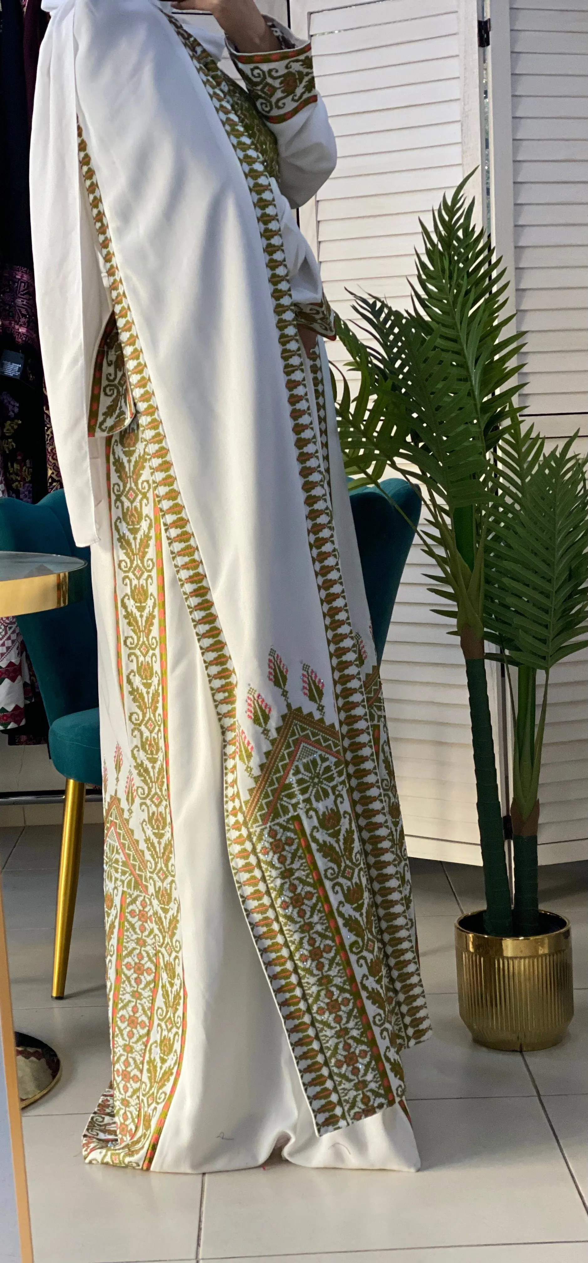 Stunning White And Light Green Royal Sleeve Palestinian Embroidered Dress