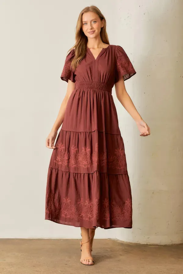 The Gracelyn Embroidered Maxi Dress in Burgundy