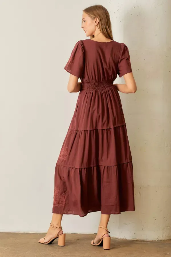 The Gracelyn Embroidered Maxi Dress in Burgundy