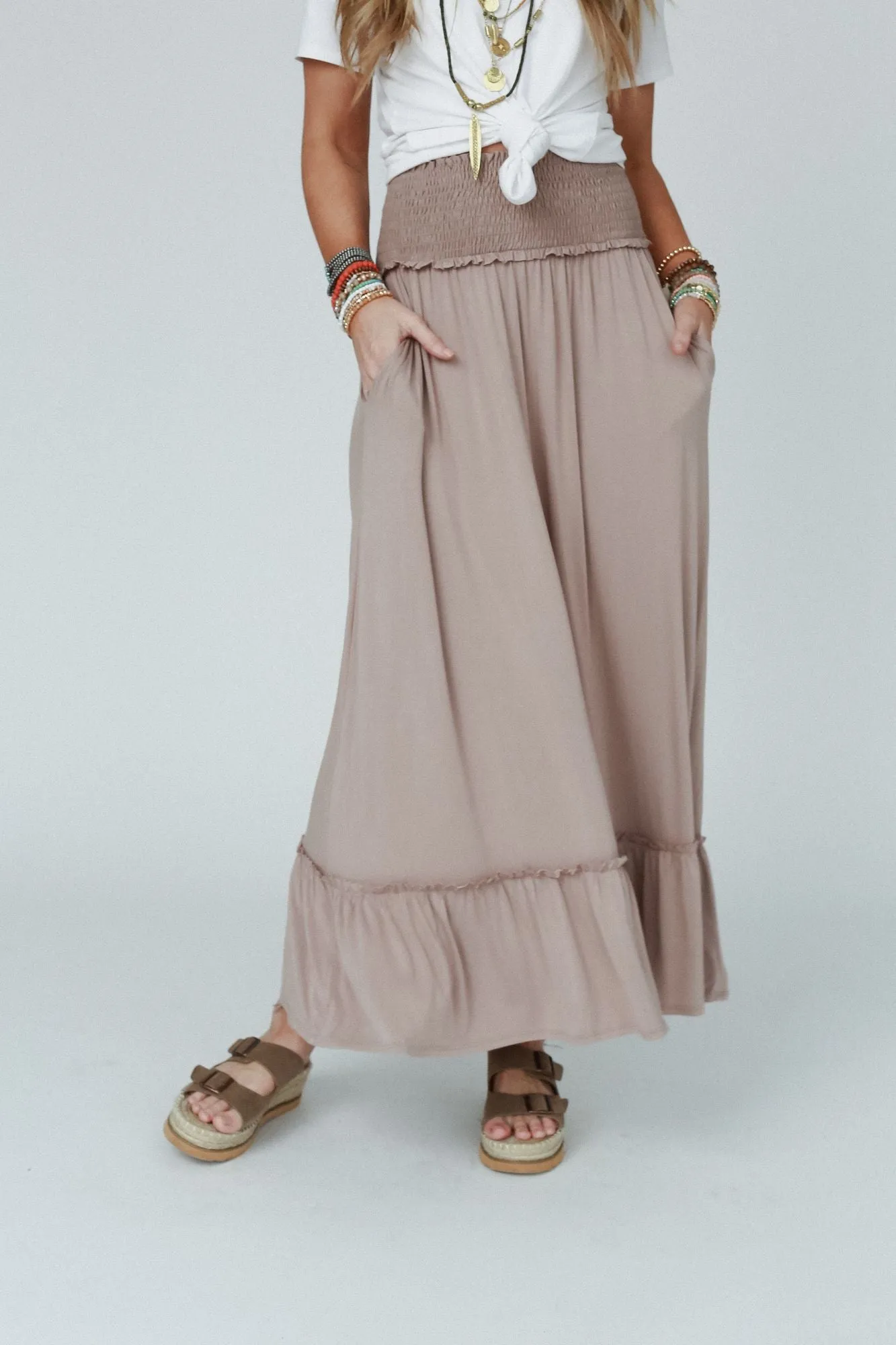 The Nest Rustic Romance Smocked Maxi Skirt - Dark Mocha