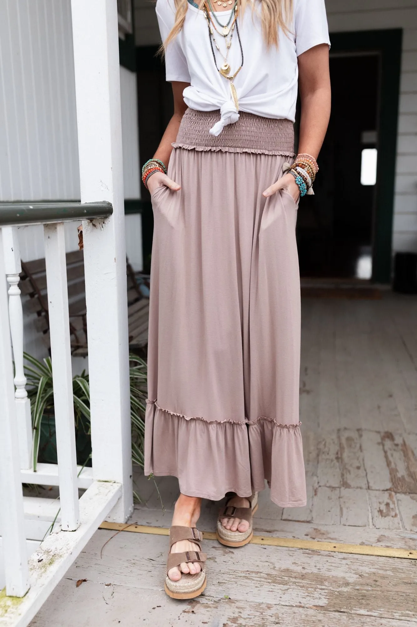 The Nest Rustic Romance Smocked Maxi Skirt - Dark Mocha