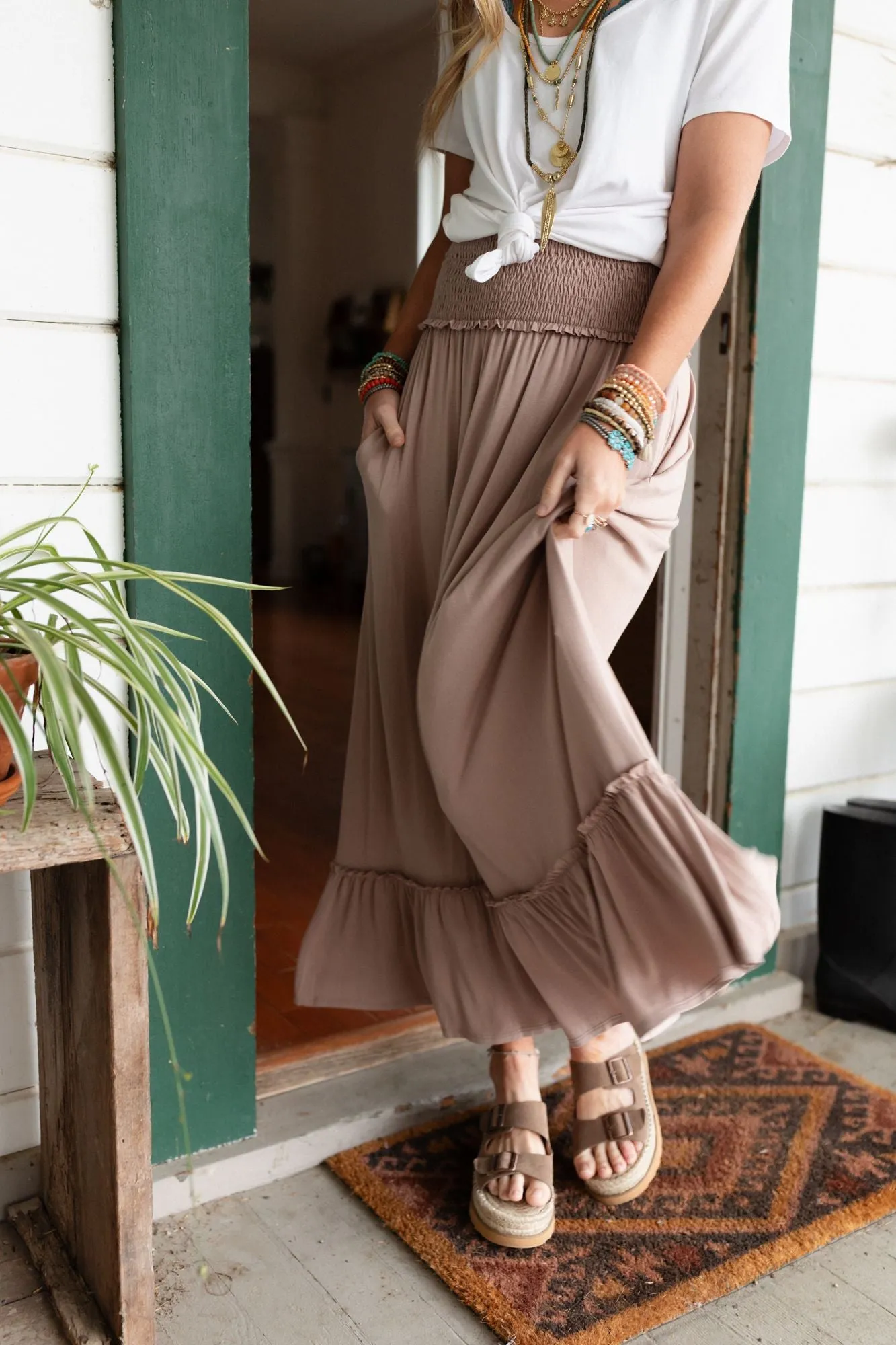 The Nest Rustic Romance Smocked Maxi Skirt - Dark Mocha