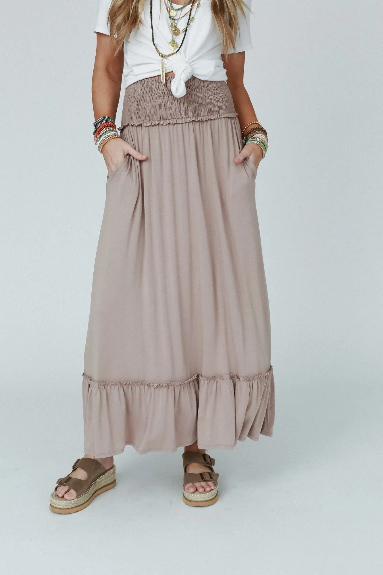 The Nest Rustic Romance Smocked Maxi Skirt - Dark Mocha