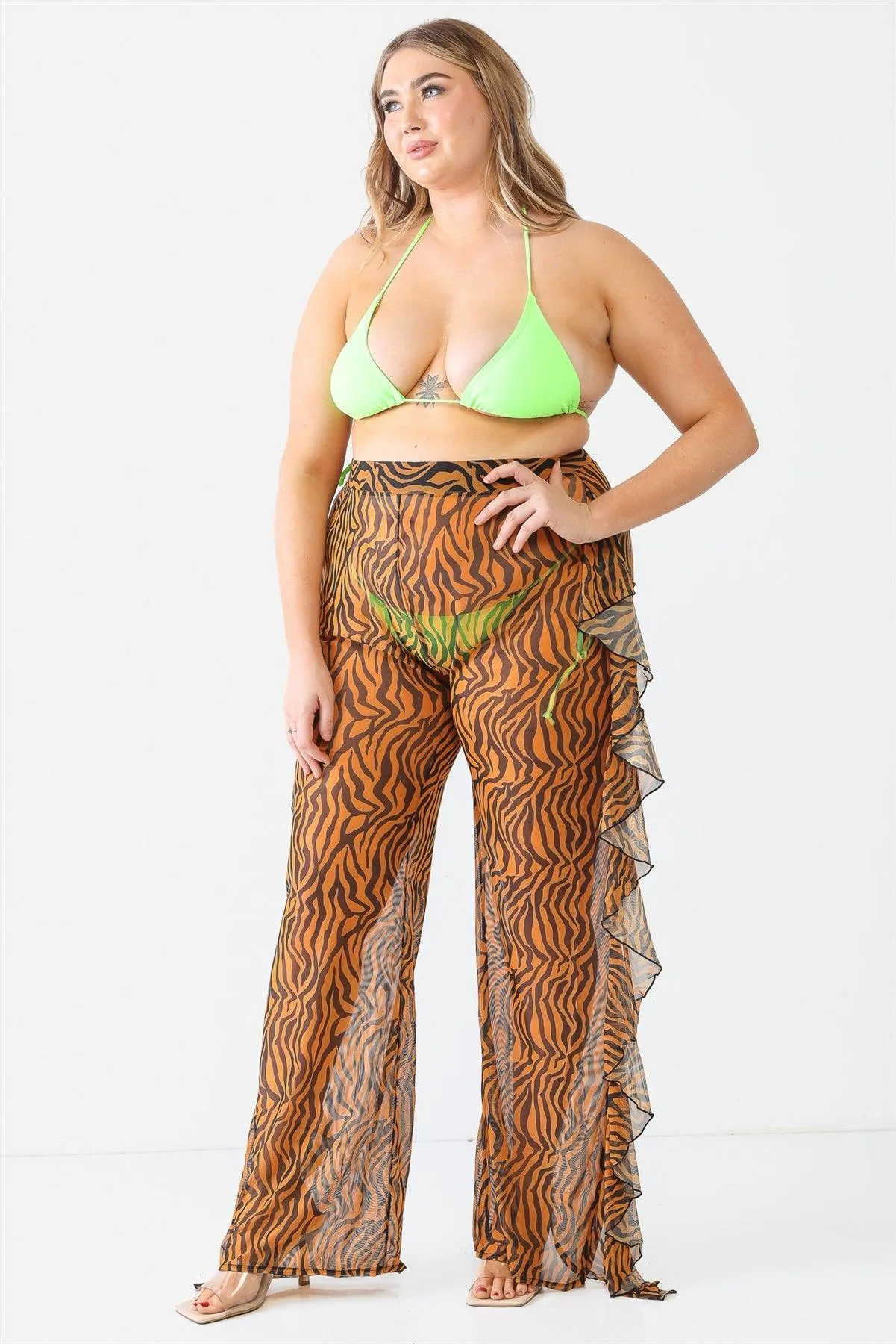 Tiger Animal Print Mesh High Waist Sexy Ruffle Pants