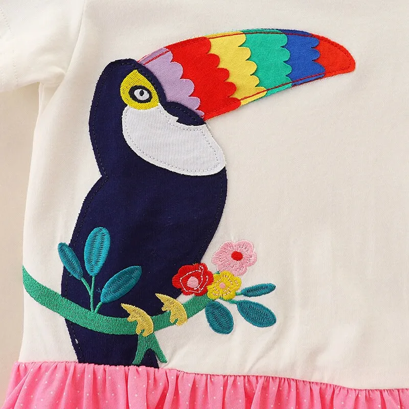 Tucan Embroidered Short Sleeve Girls Summer Tutu Dress