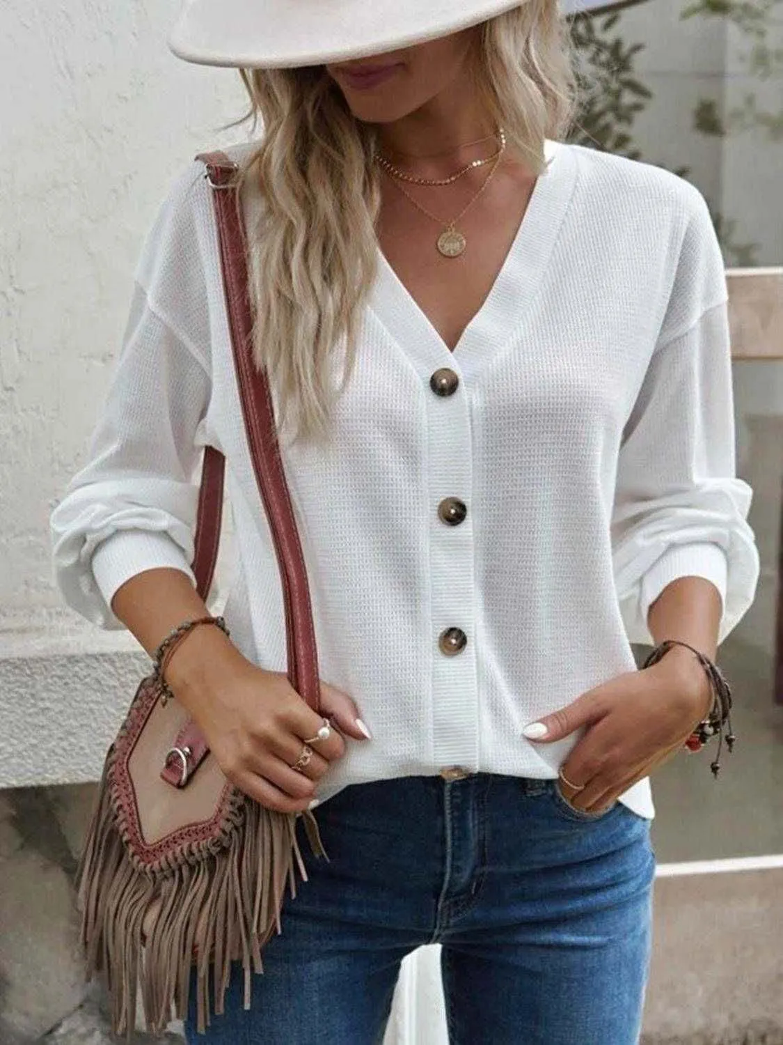 V-Neck Dropped Shoulder Blouse - Casual Style & Comfort