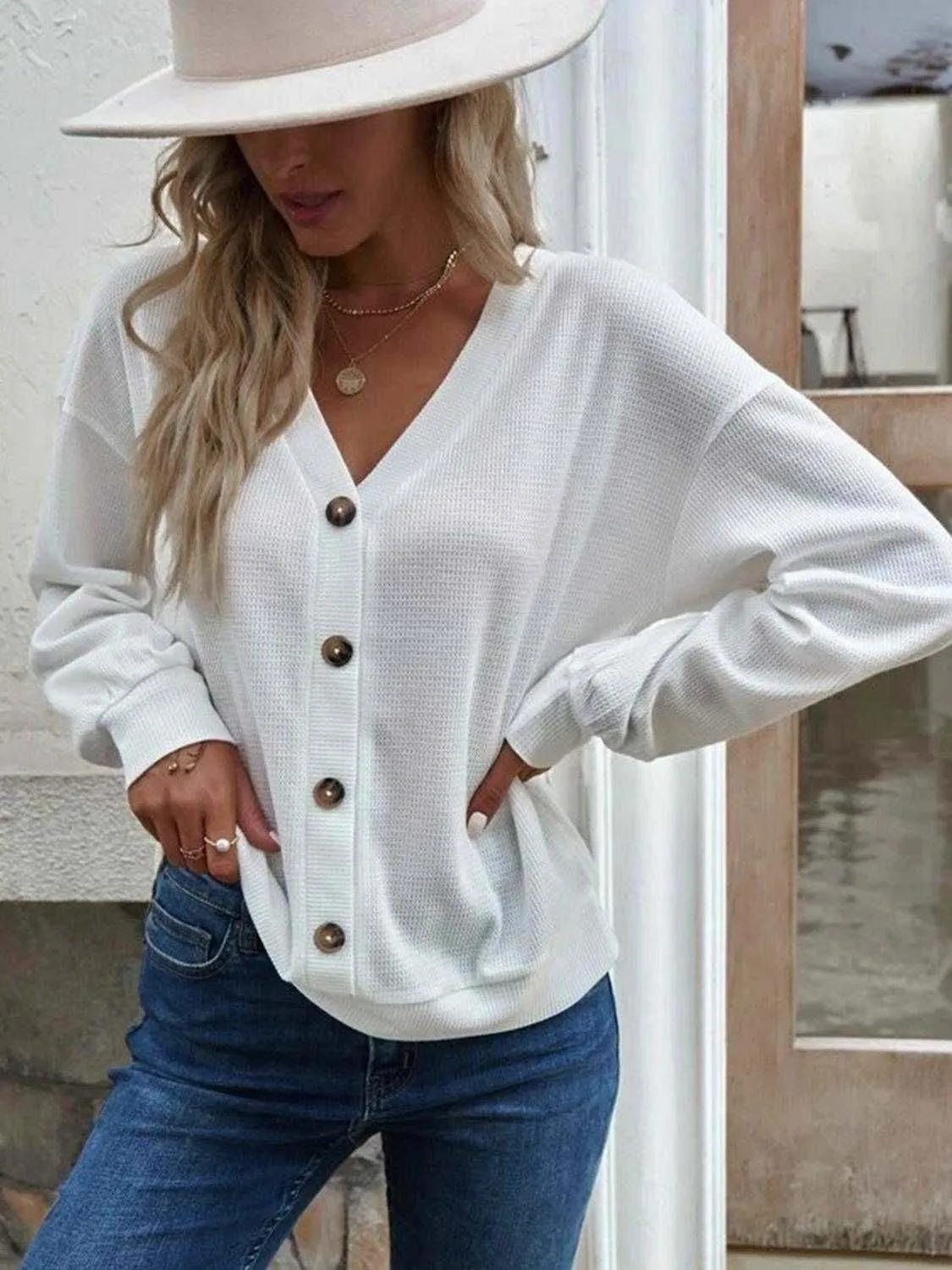 V-Neck Dropped Shoulder Blouse - Casual Style & Comfort