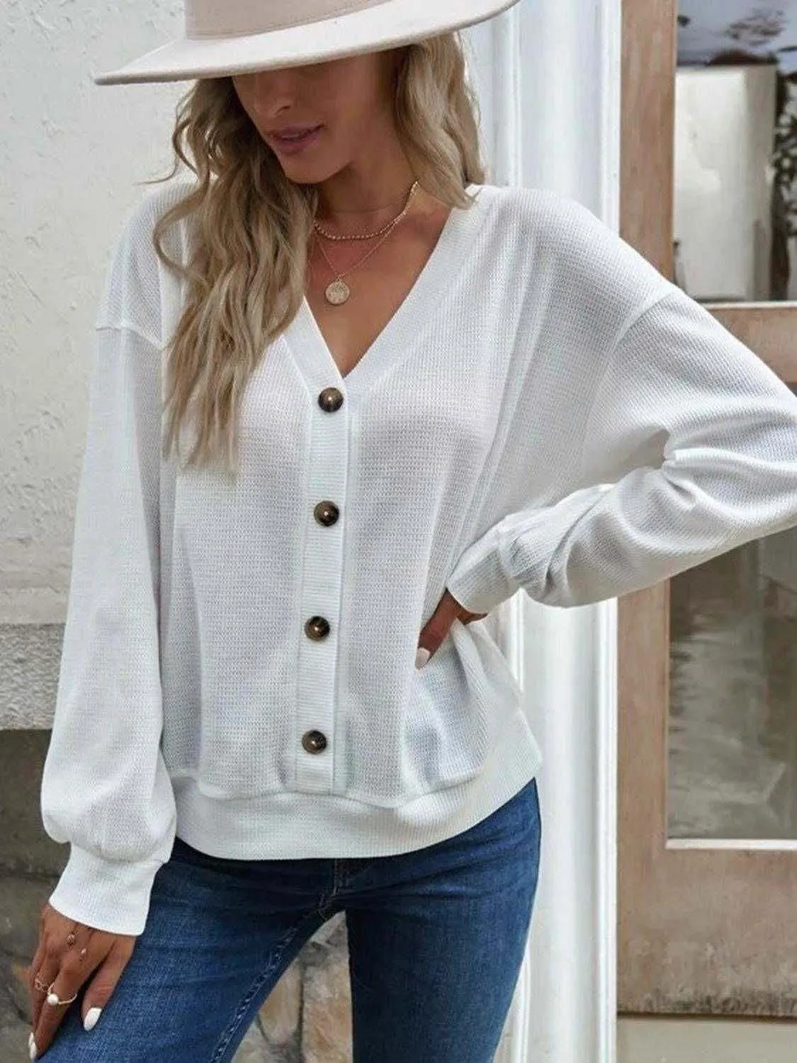 V-Neck Dropped Shoulder Blouse - Casual Style & Comfort