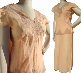 Vintage 30s Pajamas Peach Lingerie Top & High Waist Pants Set M / L