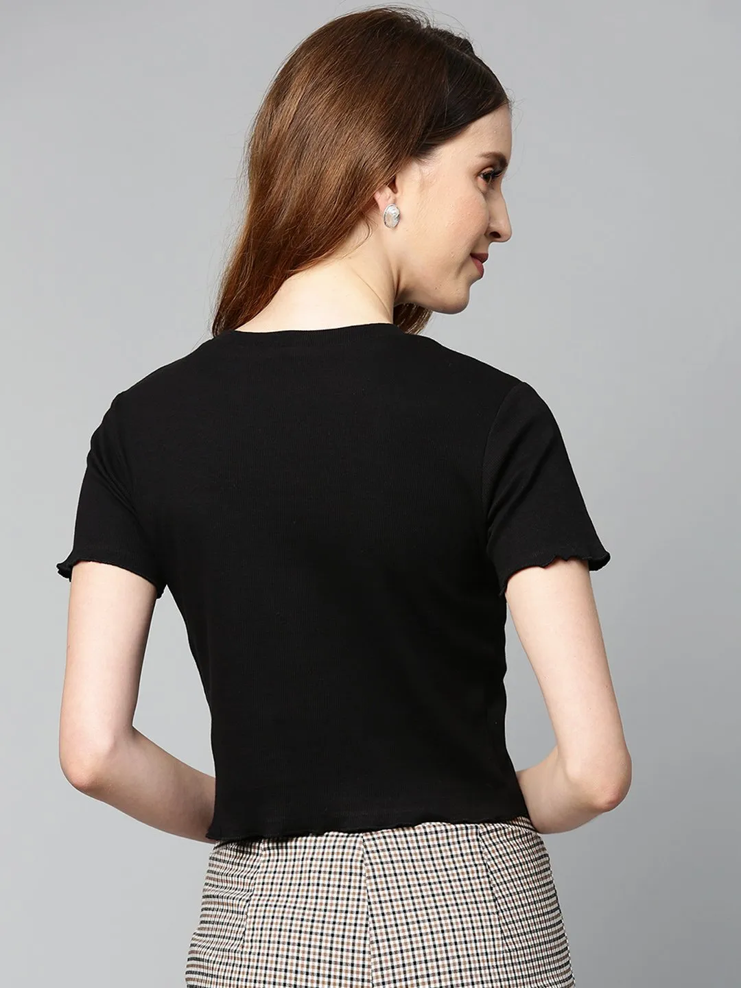 Women Black Rib Round Neck Crop Top