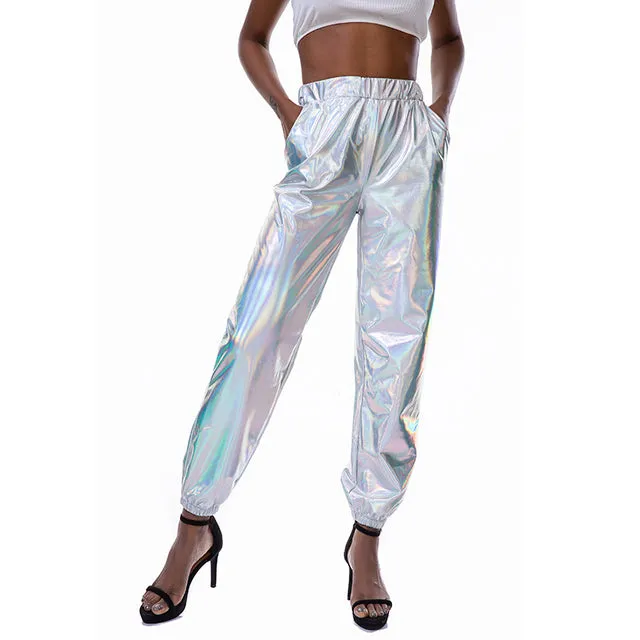 Women Shiny Holographic Pants Loose High Waist Metallic Trousers