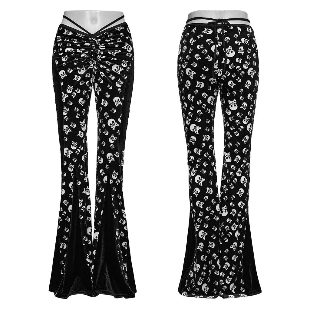 Women's Gothic Drawstring Skull Flocking Mesh Flared Pants