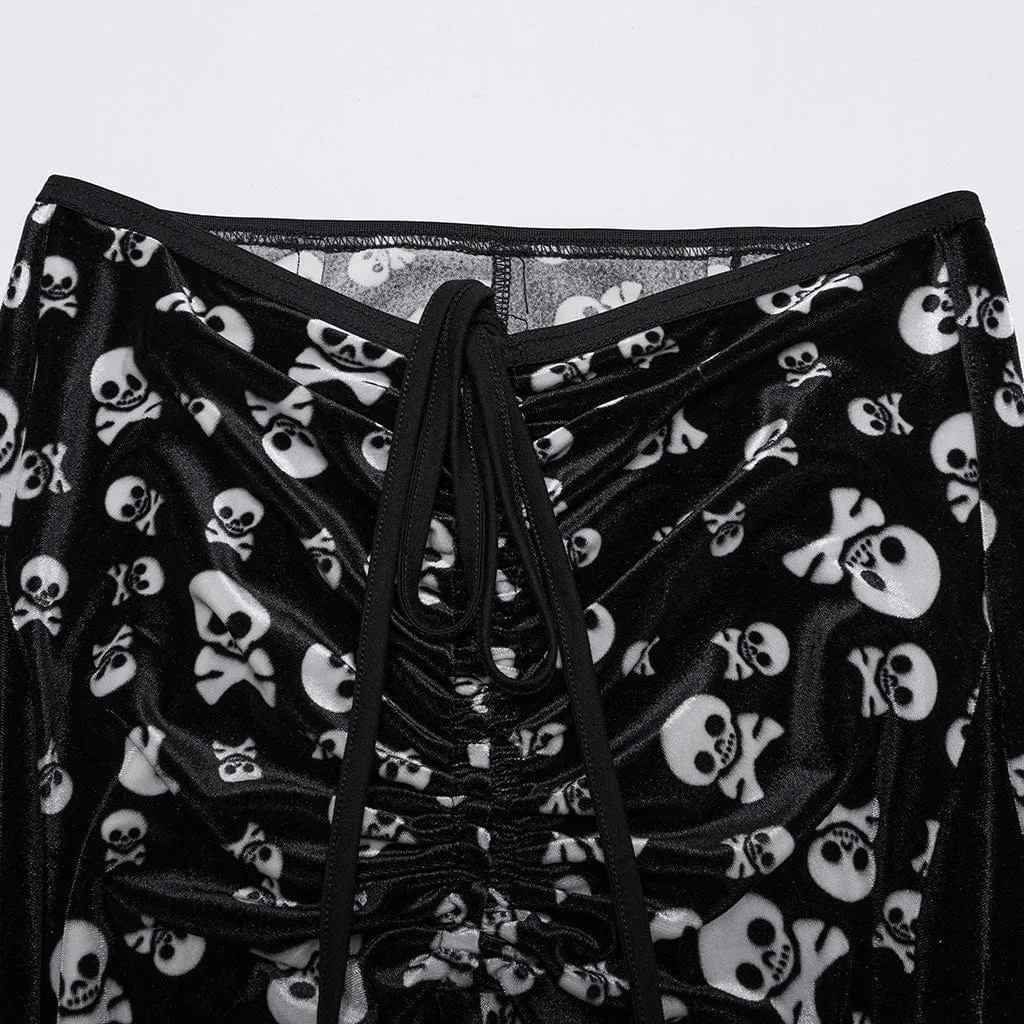 Women's Gothic Drawstring Skull Flocking Mesh Flared Pants